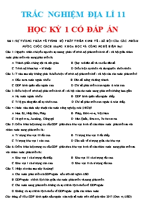 Trắc nghiệm học kỳ 1 Địa lí 11 theo từng bài học (Có đáp án)